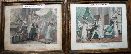 Gravure encadrée : à gauche avant restauration, à droite après nettoyage.